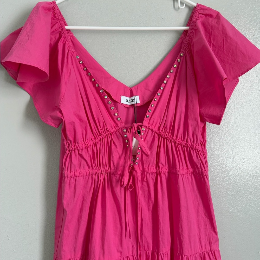 Pink maxi dress with ruffles and stepped skirt - Picture 3 of 11